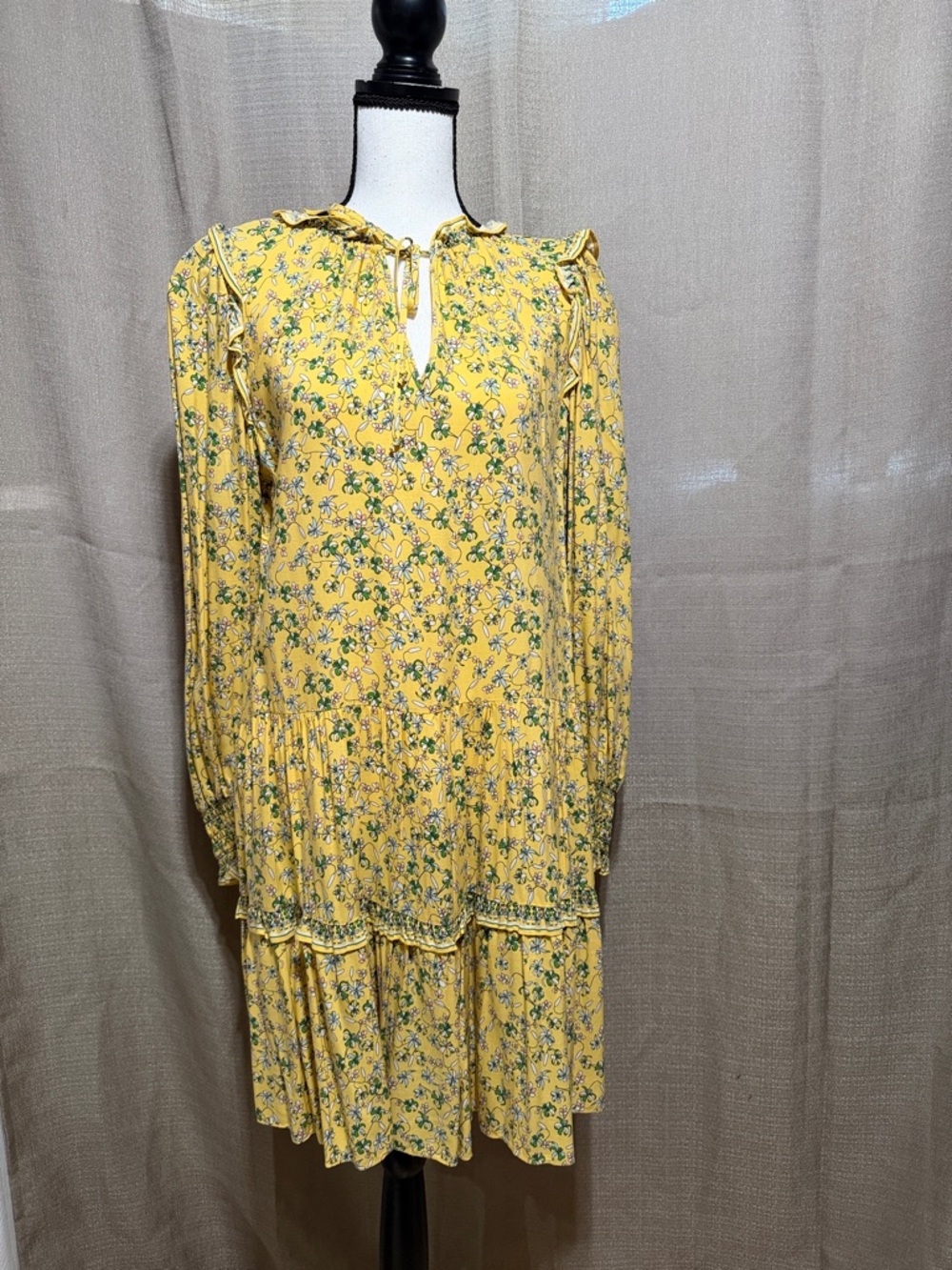 Max Studio Yellow Floral Long-Sleeve Tiered Dress Sz M